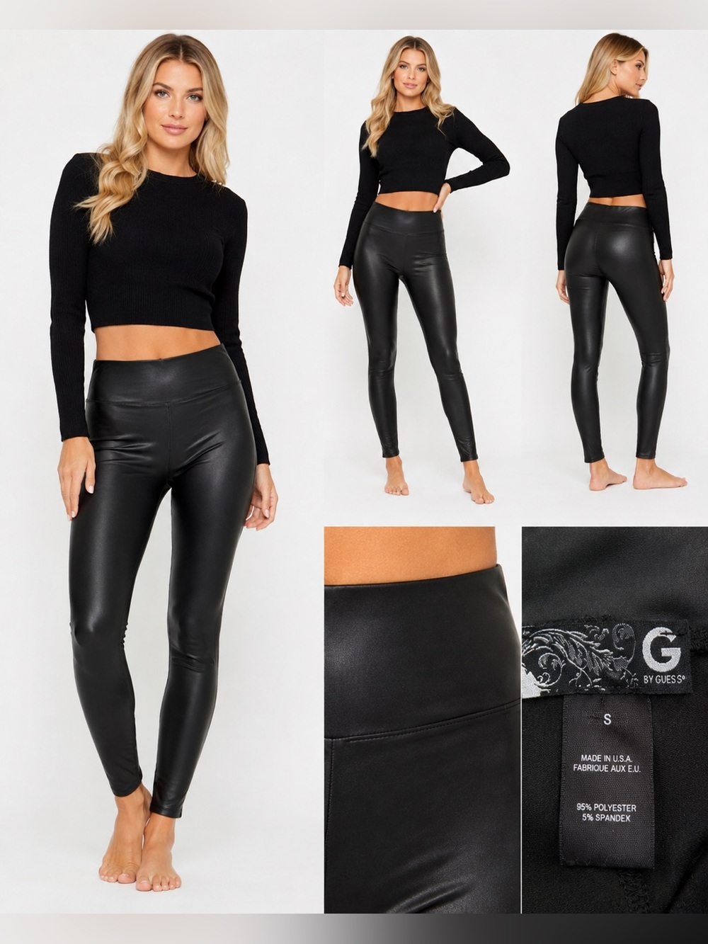 GUESS Black Faux Leather Look Leggings Size Small 34” Length